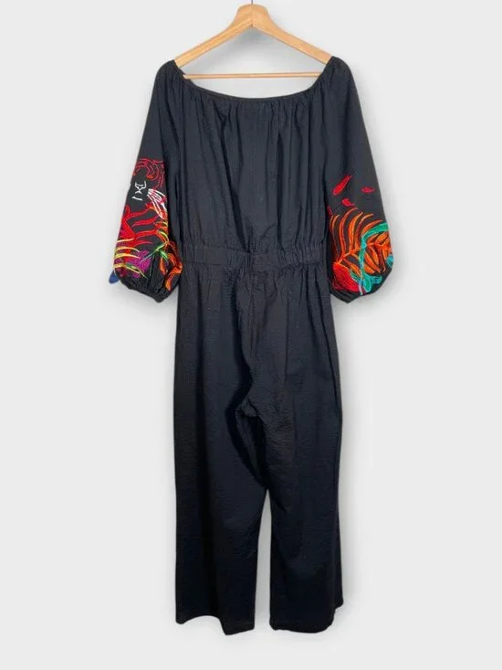 Desigual Stella Jean Jumpsuit L Embroidered Black Off Shoulder - Picture 3 of 13